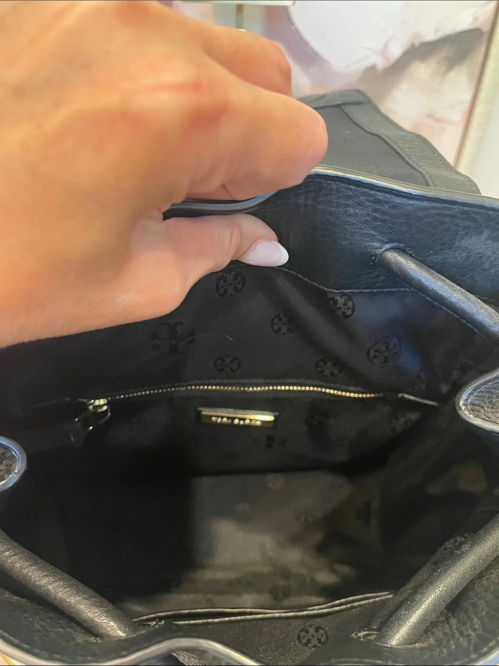 Tory Burch Black Britten Pebbled Leather Logo Backpack with Gold Hardware